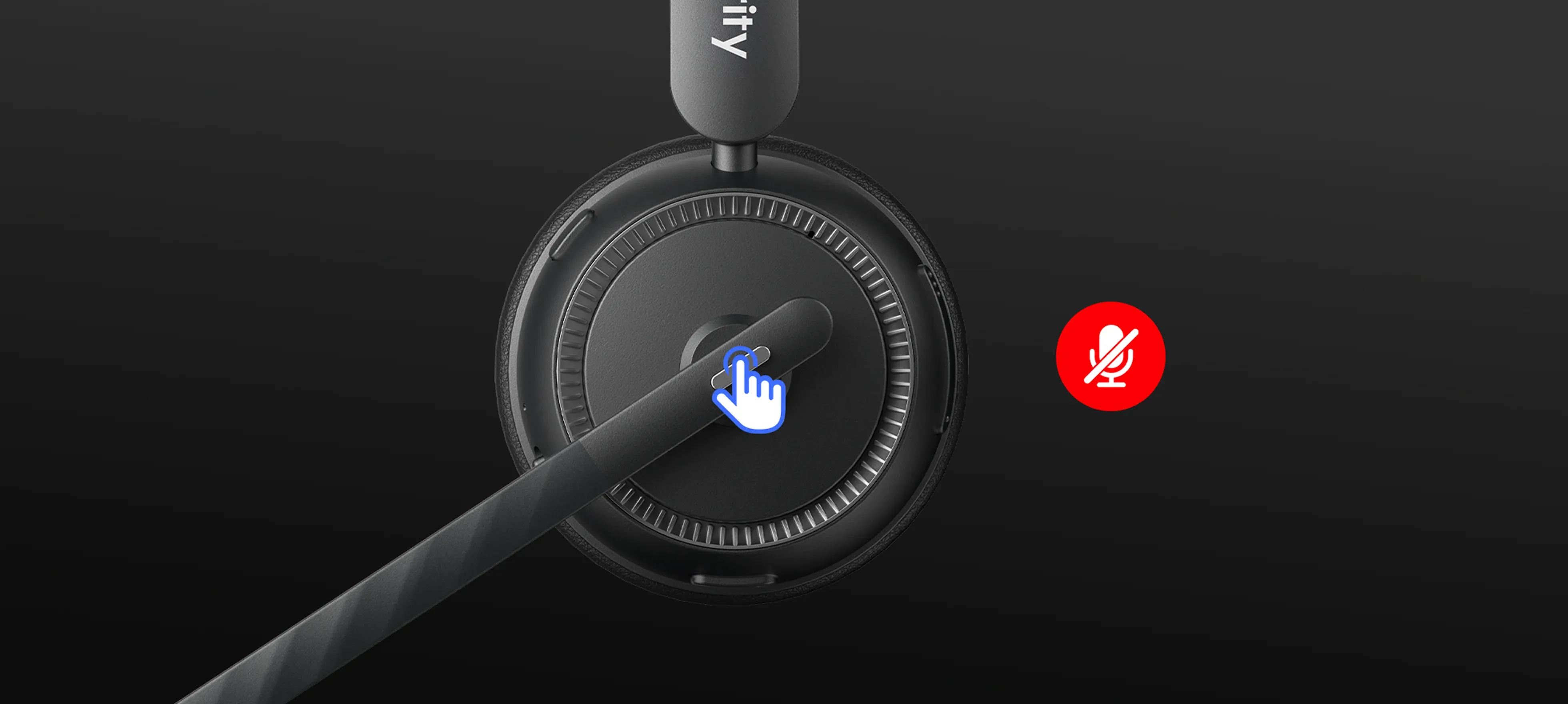 One-click mute button on the boom arm of a wireless headset with mic for work.