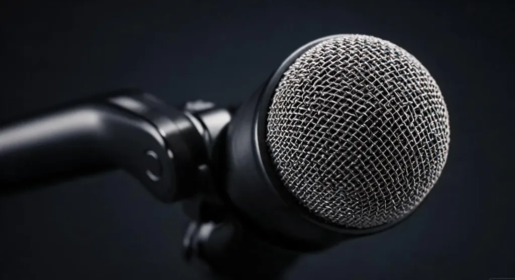 Extreme close-up of a professional wireless headset boom microphone showing the mic mesh and industrial design details