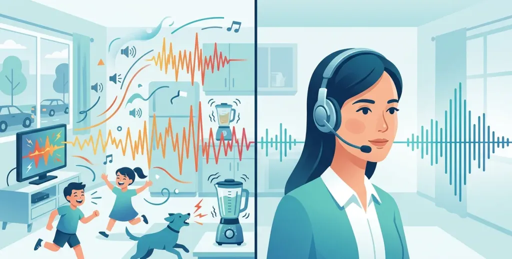Visual demonstration of noise cancelling microphone technology filtering background noise in a home teaching environment