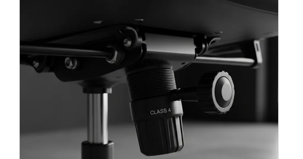 Detailed view of a Class 4 gas lift cylinder and tilt tension control knob on a professional black mesh ergonomic office chair.