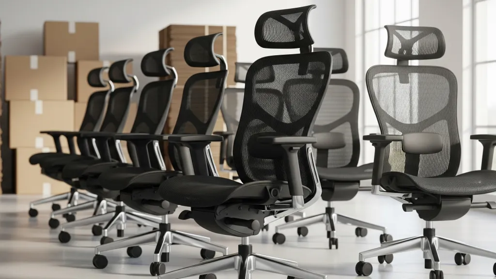Row of premium black mesh ergonomic office chairs lined up in a bright showroom, showcasing bulk availability and high-end features like 4D armrests during a chair clearance event.