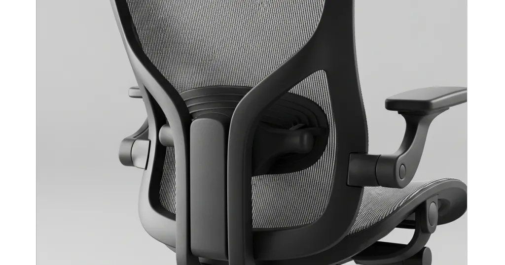 A close-up of an adjustable lumbar support module on a high-back mesh ergonomic office chair, showing the spinal alignment curve.