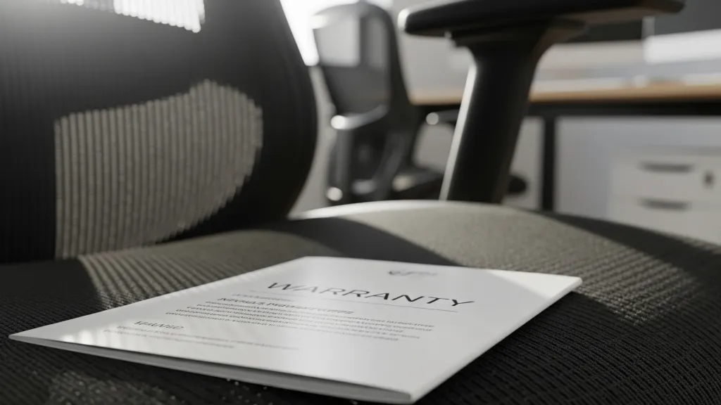 Close-up of a warranty booklet resting on the seat of a NearHub EC20 mesh office chair, symbolizing manufacturer quality assurance and buyer protection even during clearance sales.