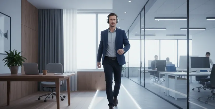 Professional using a hybrid work headset while switching between home and office environments in 2026