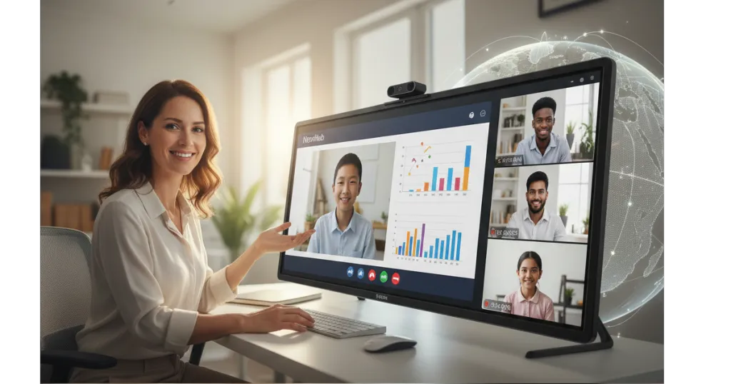 A professional educator using a NearHub smart board for global online coaching, showcasing a high-end setup for flexible remote jobs in the EdTech industry.
