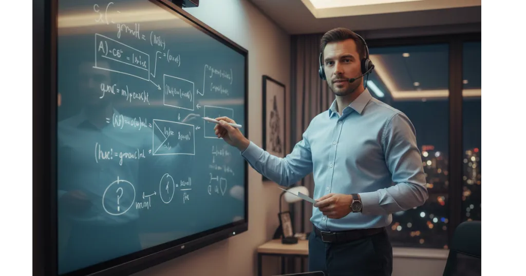 A professional male ESL tutor conducting an interactive English lesson from his home office using a smart board and laptop during an evening shift.
