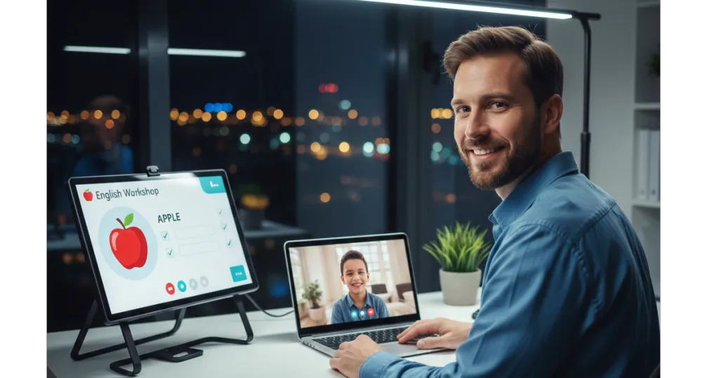 A male online ESL tutor teaching an interactive English lesson from home during an evening shift, using a laptop and a smart board for visual aids.