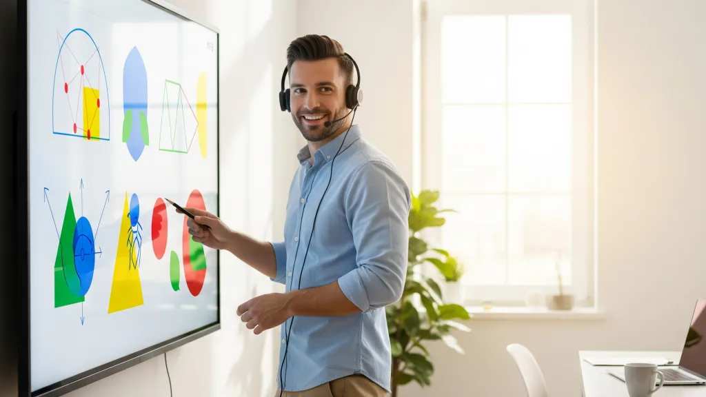 A friendly online ESL teacher using a NearHub S Pro Smart Whiteboard for an interactive lesson in a modern 2026 home office.