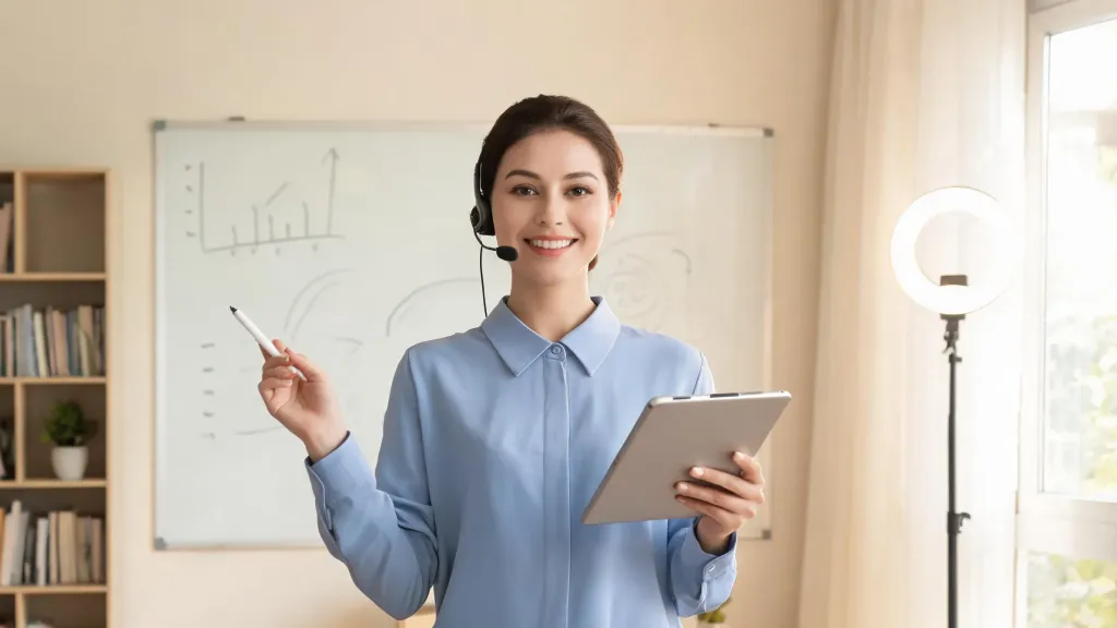 An online teacher standing at a whiteboard wearing a headset while conducting a virtual class