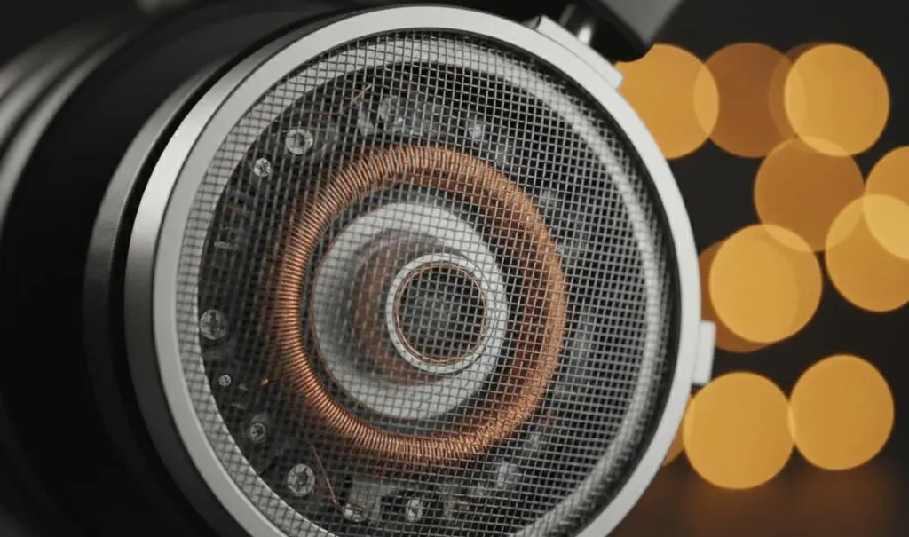 Close-up detail of an open-back headphone driver showing the mesh grille and dynamic driver components, warm bokeh lighting