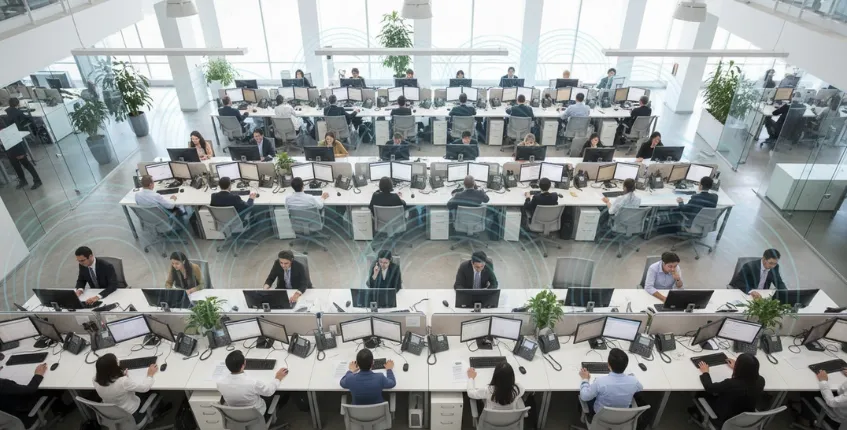 Employee wearing an office headset in a busy open-plan office to reduce background noise during video calls