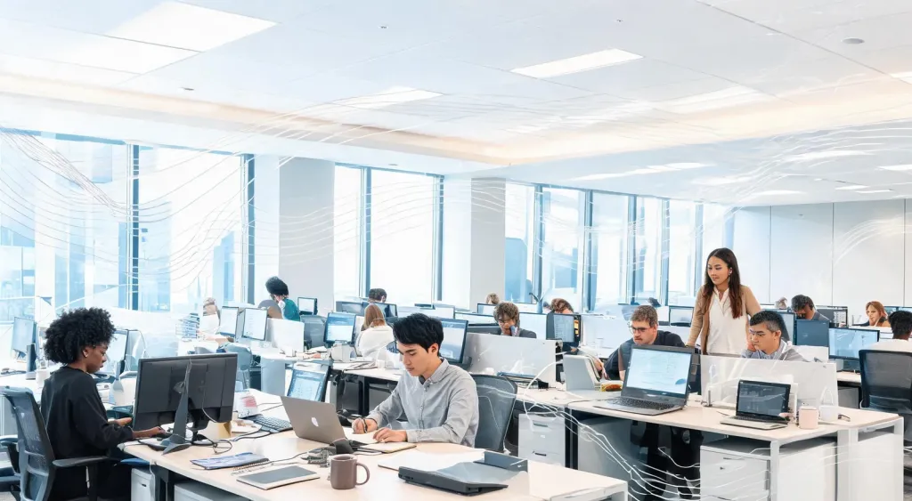 Busy open-plan office with professionals working at desks, visual noise elements represented by soft wave patterns in the air, clean edges, no borders, no black bars, full bleed composition
