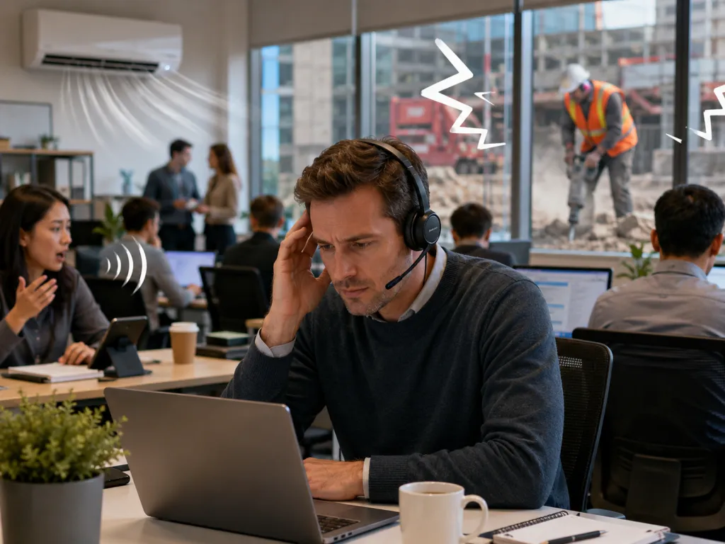 Busy open-plan office with multiple noise sources including colleague on speakerphone jackhammer outside window and loud air conditioning unit