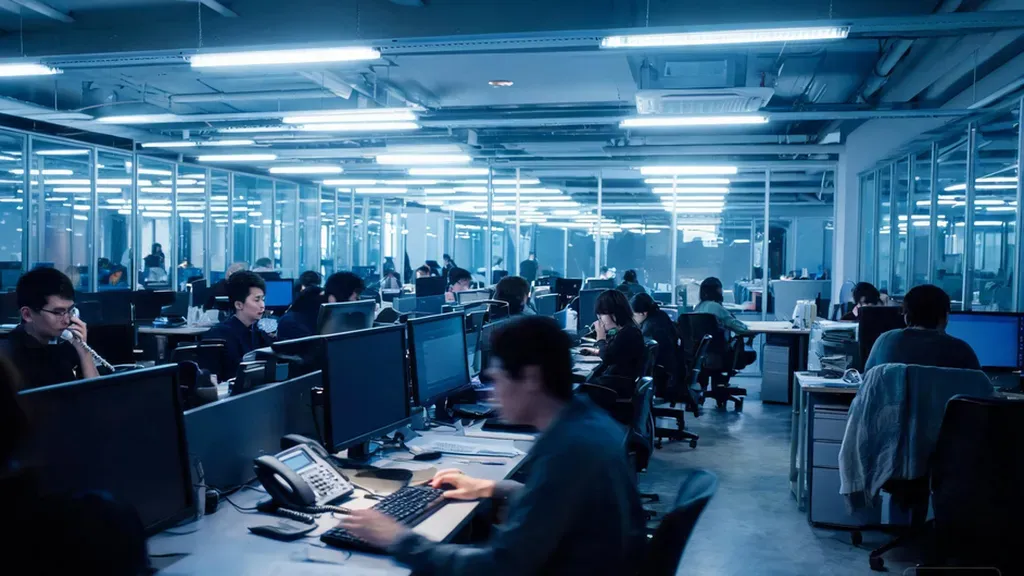 Busy open-plan office environment with multiple people working, phones ringing, keyboards clacking, harsh fluorescent lighting, shallow depth of field focusing on the chaotic sensory landscape