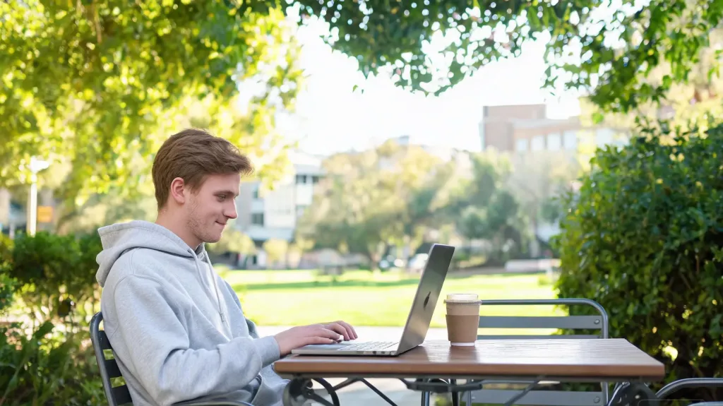 University student working at an outdoor campus café table with laptop open, trees and greenery in the background, natural daylight, lifestyle editorial photography, no text, no logos, clean edges, no borders, no black bars, full bleed composition