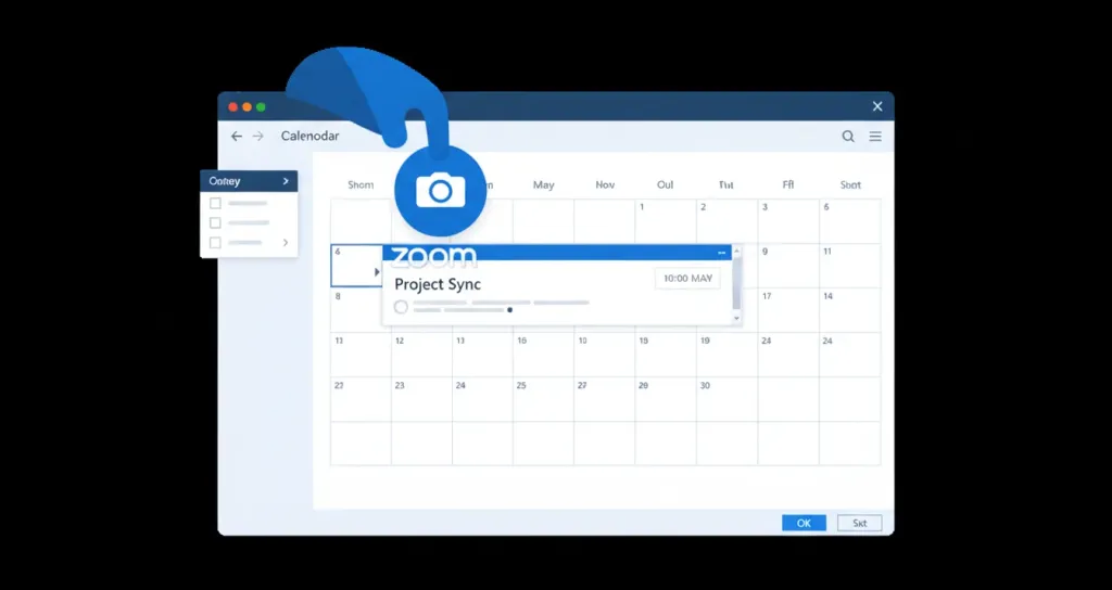 Outlook calendar interface showing the process of adding a Zoom meeting to a scheduled event