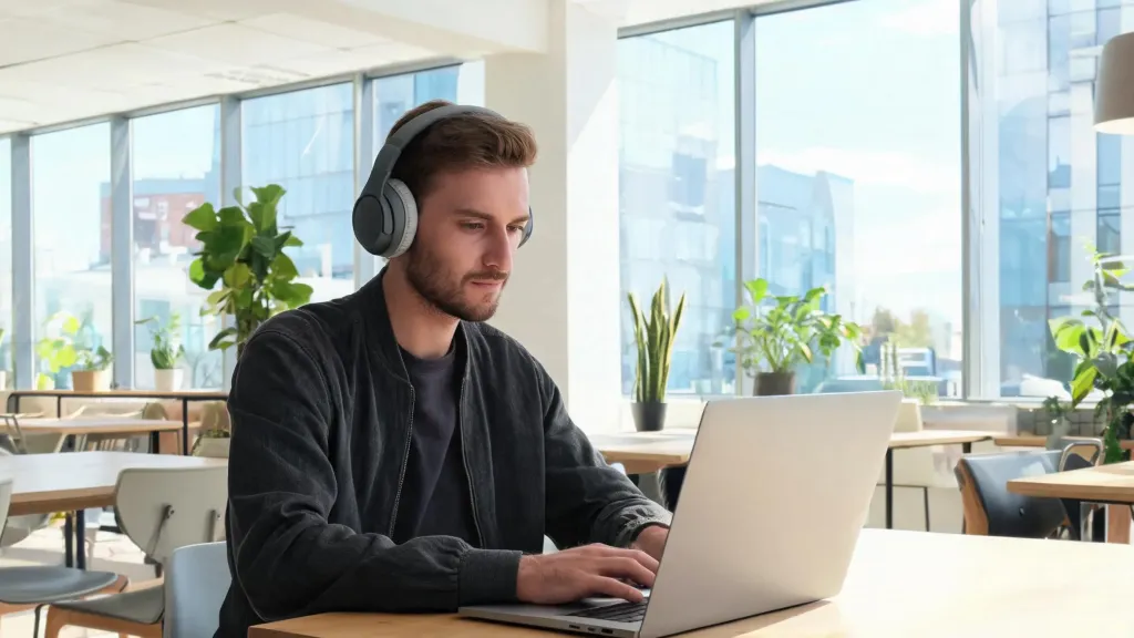 Man wearing premium over-ear headphones while working in a bright co-working space
