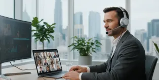 Confident professional man wearing over-ear wireless headset with boom microphone during video conference call at modern office desk