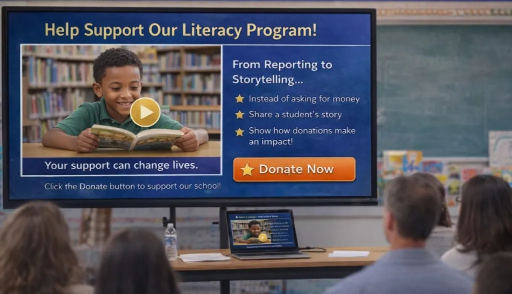 participants are watching a video before a pta meeting strats