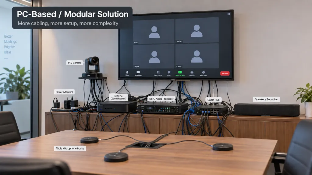 PC-based modular Zoom Room solution showing complex cabling and multiple AV components in a conference room.