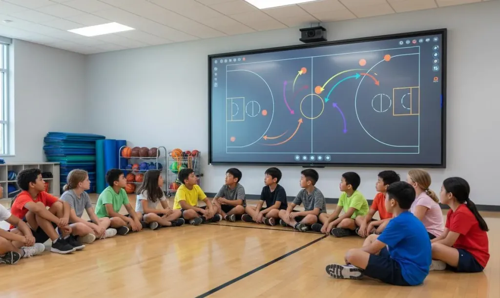 Students sitting in a semicircle on a gym floor facing a large digital whiteboard displaying colorful basketball play diagrams with movement arrows