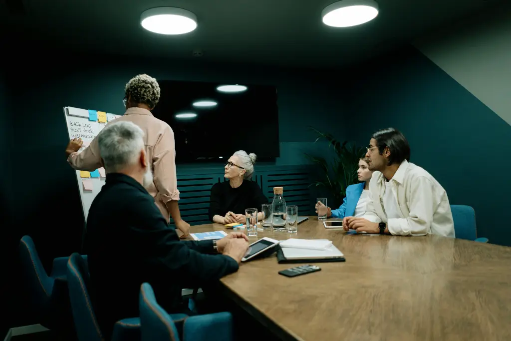 Mitarbeiterinnen diskutieren ueber die digitales whiteboard kosten