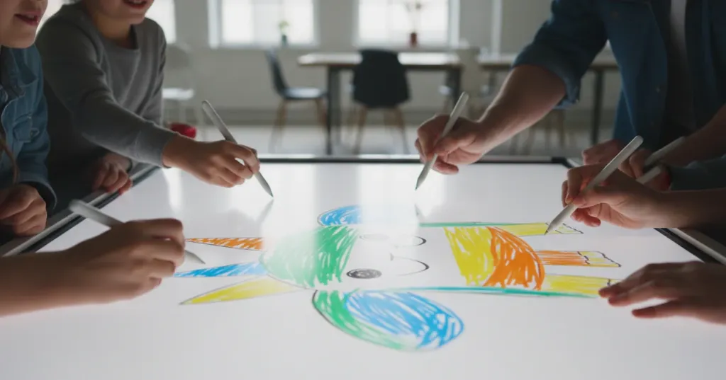 Close-up of diverse hands drawing colorful doodles together on a bright interactive whiteboard screen with styluses, collaborative Pictionary-style game in action