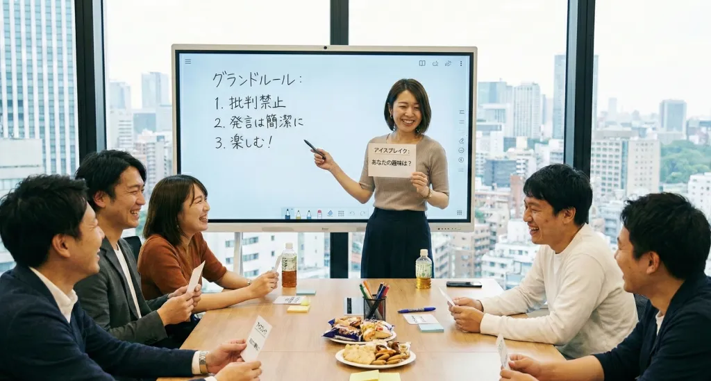 ファシリテーションスキルを運用して会議を進めている会社員