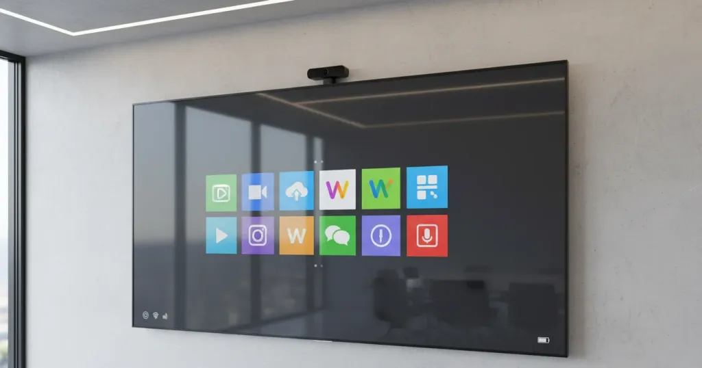 interactive whiteboard in a premium conference room displaying multiple video conferencing and platform app icons