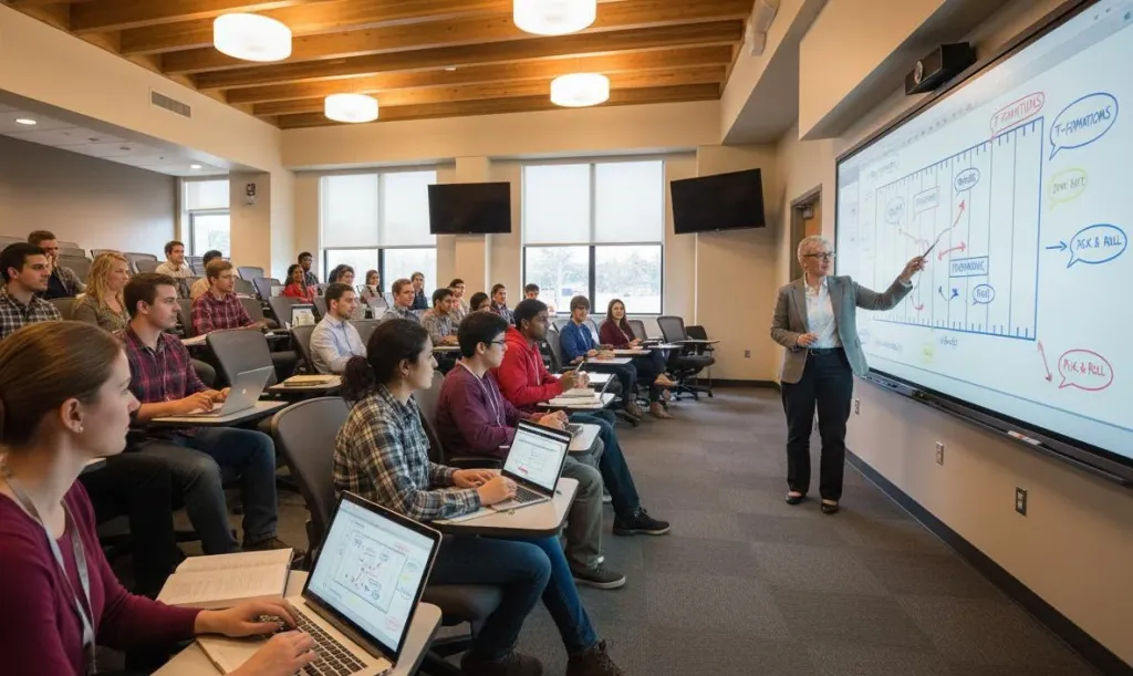 A college sports education professor presenting a digital playbook on an interactive whiteboard to coaching students in a modern lecture hall with tiered seating