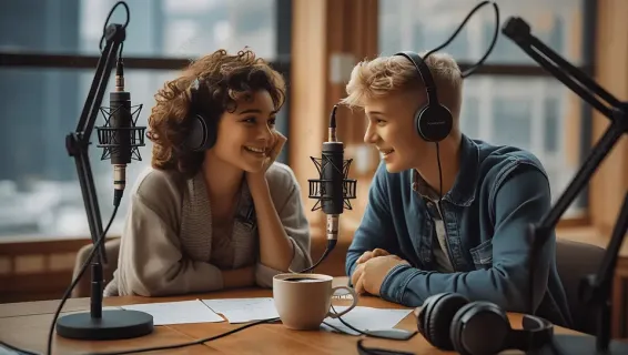 pngtree two people conversing with microphones and headphones in studio