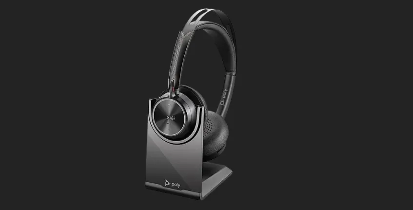 a black wireless headset with mic