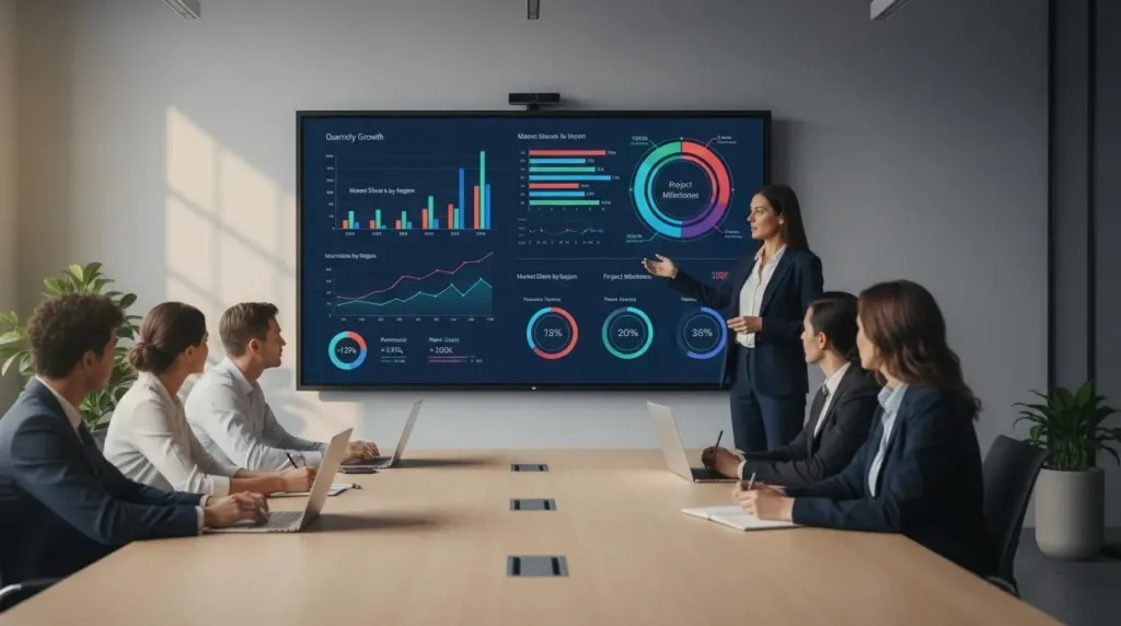 Professionelle Präsentation vor einem großen 4K-Display in einem modernen Konferenzraum mit Teilnehmern