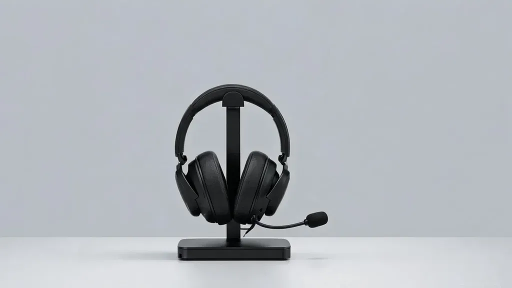 Professional wireless headset on its charging stand, sleek black design with ear cushions and boom microphone visible, clean studio product photography