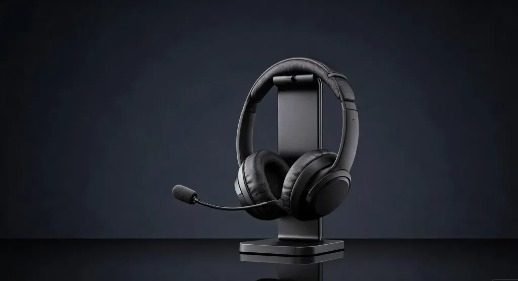 A professional on-ear wireless business headset resting on a charging stand with a dark gradient background and studio lighting