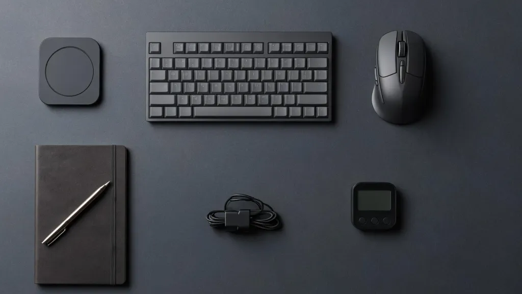 Flat-lay of modern productivity office gadgets on a dark surface including a wireless charging pad, mechanical keyboard, ergonomic mouse, leather desk mat, and smart notebook