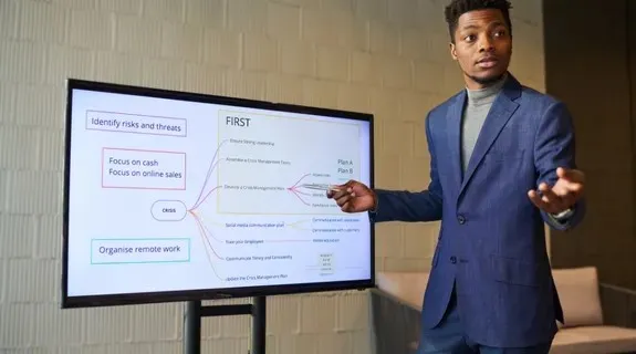 Mitarbeiter bei der produktivität berechnung mit digitalem whiteboard