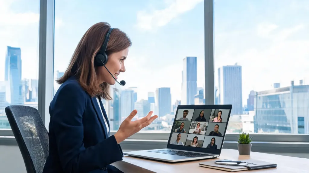 Professional woman wearing a wireless business headset during a video call