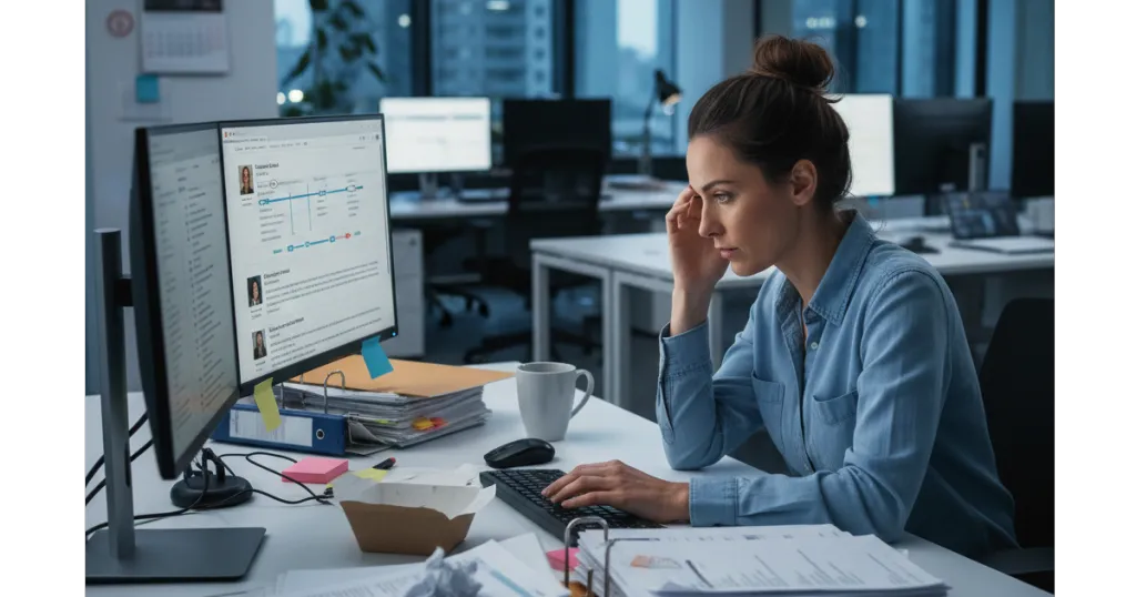 A professional female recruiter smiling and reviewing a resume in a bright, modern office, representing a reliable hiring process.