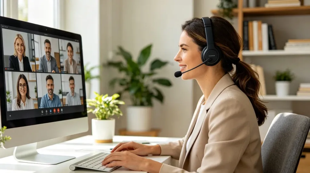 Professional woman participating in a video meeting using a USB headset in a bright home office
