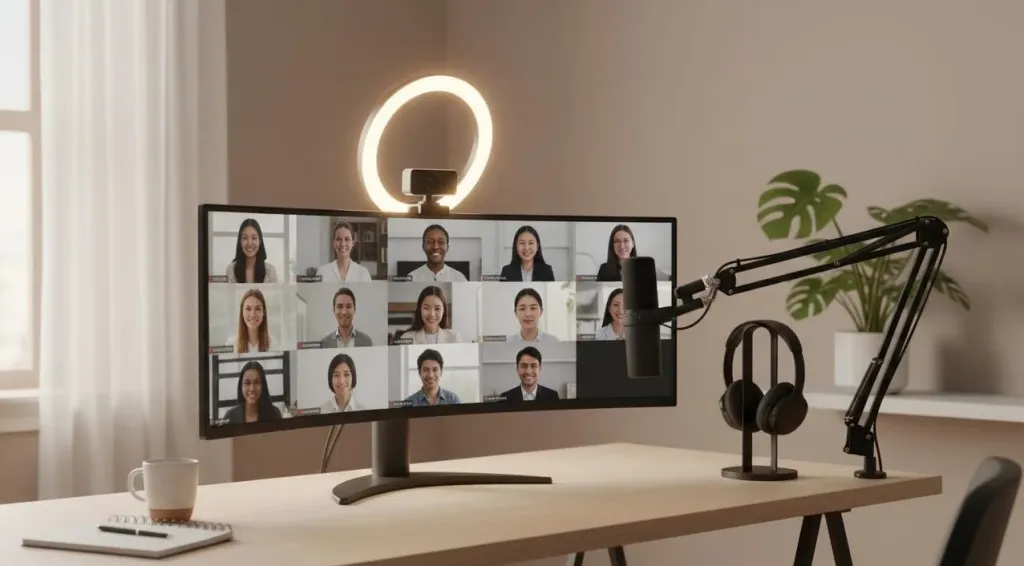 Clean professional home office desk setup with curved monitor showing video call, ring light behind webcam, boom arm microphone, and headphones on stand