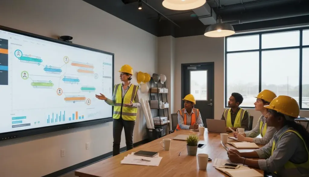 Construction project manager presenting a colorful project timeline dashboard on a large smart board to seated team members in a modern field office with warm ambient lighting