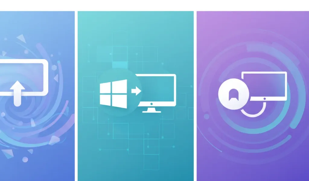 Vergleichende Darstellung der drei Bildschirmübertragungsprotokolle AirPlay, Miracast und Google Cast mit stilisierten Icons