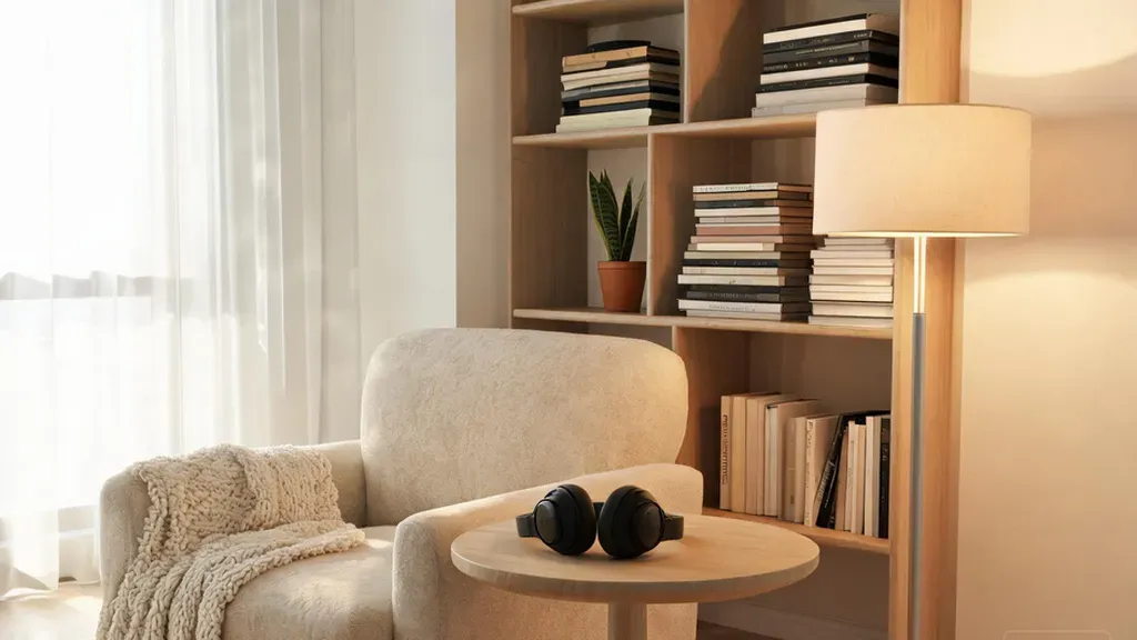 Cozy quiet corner of a home designed as a sensory-friendly retreat, comfortable armchair with headphones resting on a side table, warm ambient lighting, calm and peaceful atmosphere