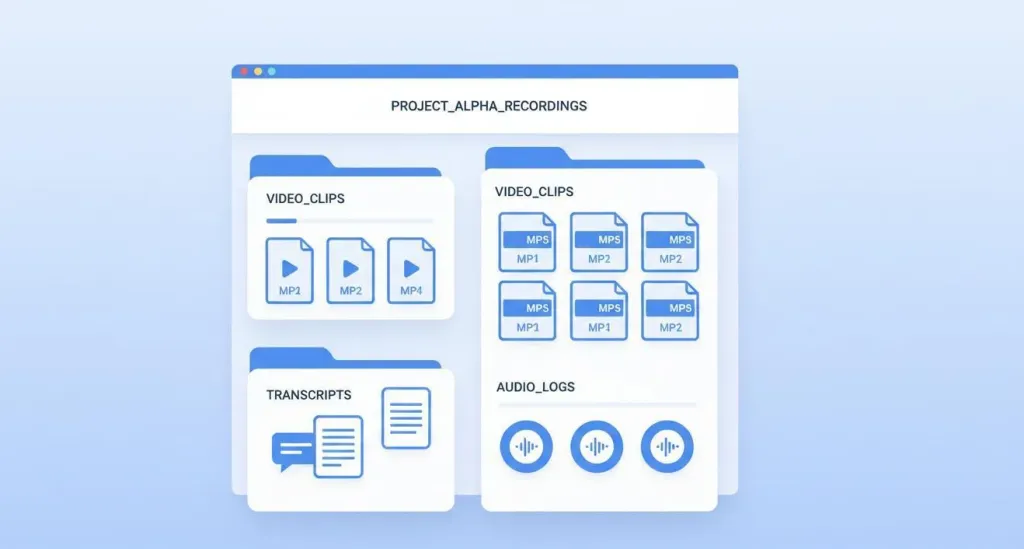 File management interface showing organized Zoom recording folders with video and audio files