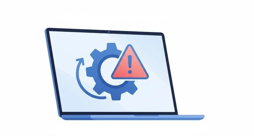 Laptop screen showing troubleshooting settings gear and warning alert symbol