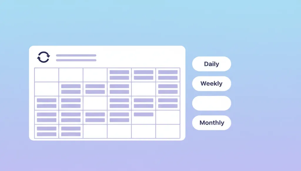 Calendar interface showing recurring meeting blocks with daily, weekly, and monthly options displayed alongside a weekly grid view in a soft blue-purple gradient