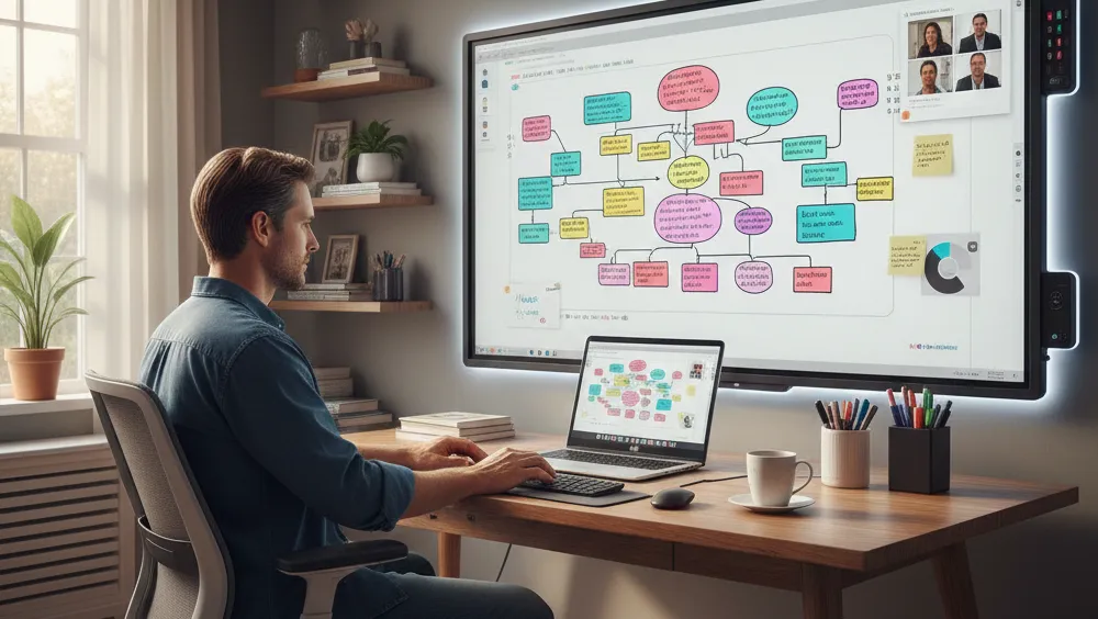 An American professional working from home with a laptop, featuring a NearHub interactive smart whiteboard in the background showing data analytics and remote collaboration tools.
