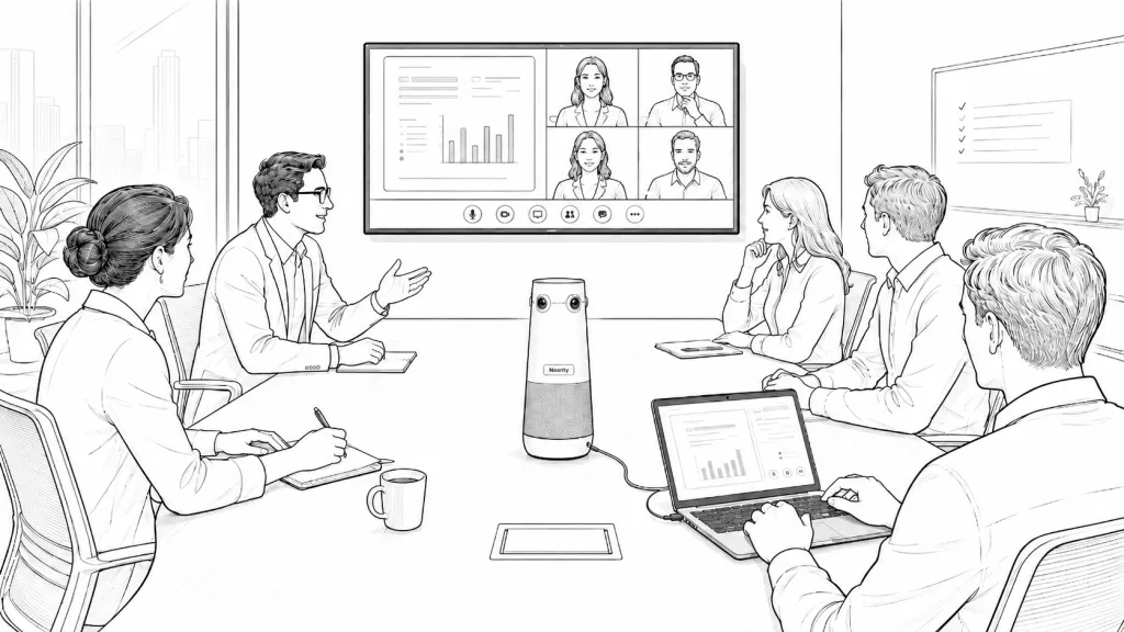 Nearity 360 Alien positioned at the center of a conference table during a remote video conference room acceptance test.