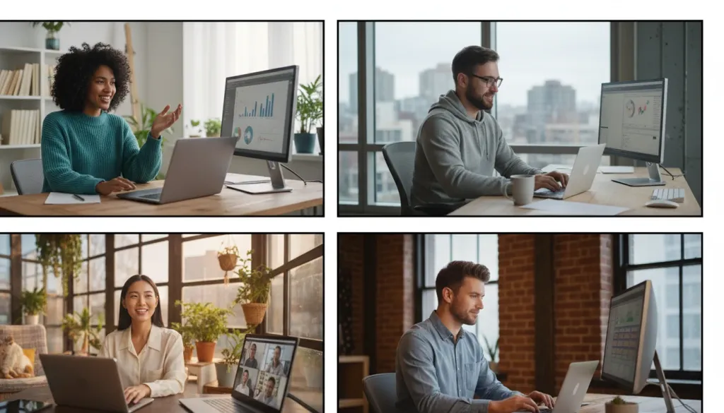 Diverse group of remote professionals working from home offices, each on a video call with colleagues displayed on their laptop screens, natural home office environments with warm lighting and modern setups